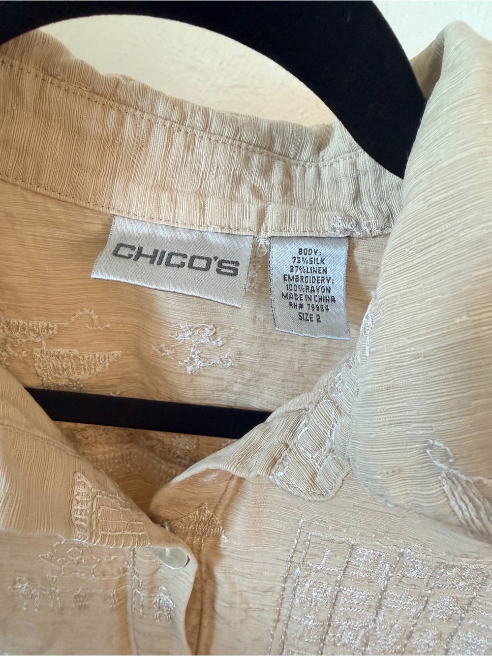 Chico’s Embroidered Silk Linen Jacket Orient Inspired Button Boxy Women’s Sz 2 - Picture 2 of 4